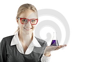 Girl with test tubes and microscope for chemical class