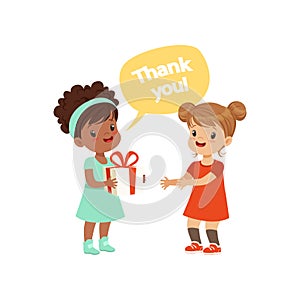 Girl thanking a friend for a gift, kids good manners concept vector Illustration on a white background photo
