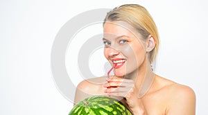 Girl thirsty attractive nude drink fresh juice whole watermelon cocktail straw white background. Enjoy natural juice