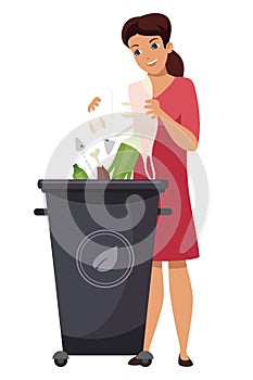 Girl throw organic waste in tank isolated on white