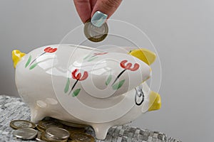 The girl throws a coin into the piggy bank. Piggy bank in the form of a painted pig. A handful of coins