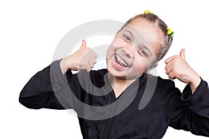 Girl thumbs up. Little kid shows likes