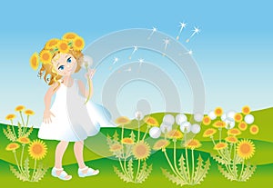 Girl on to the meadow with dandelions