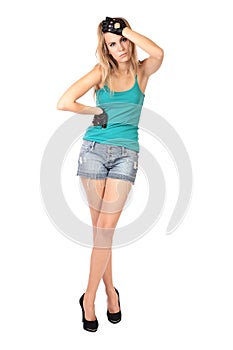 Girl to the utmost in shorts and gloves isolated