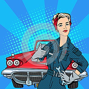 Girl with Tools. Working Woman Gesturing Great. Vintage Car