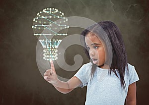 Girl touching flare glow with green background and light bulb interface