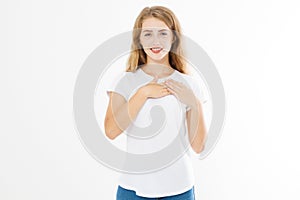 Girl touching her heart. Healthy life style living. Love romance and body language. Smiling happy woman face and template white