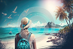 Girl tourist with a backpack on the beach looks at the sea. Generative ai