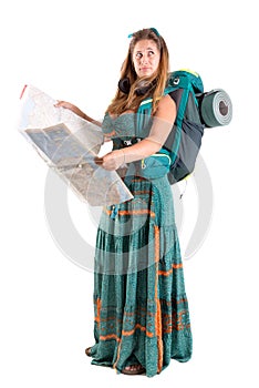 Girl tourist with backpack and map