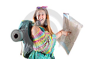 Girl tourist with backpack and map