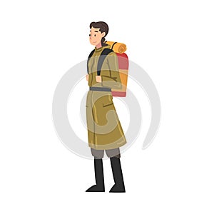 Girl Tourist Character Hiking on Nature, Woman in Explorer Outfit Standing with Backpack, Summer Adventure Trip Cartoon