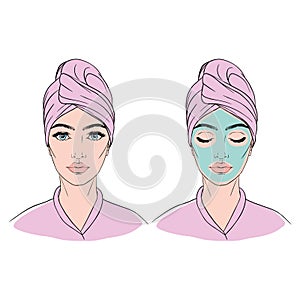 Girl with a towel on her head and a cosmetic mask on her face after a shower or bath