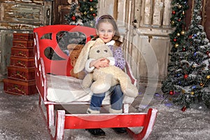 Girl with a toy hare in hands