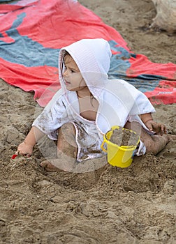 Girl. Toys Beach. Sand. Summer. Towel. Cute
