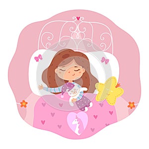 Girl with toys sleeping in bed at home. Little child in bedroom indoor vector illustration. Happy kid lying on pillow