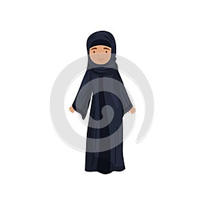 Girl in traditional Muslim dress. Female in black long jilbab. National Islamic clothing. Flat vector design