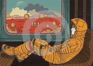 Girl on train. Vector illustration with astronaut traveling by rail on Mars