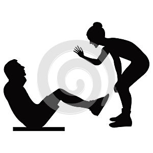 Girl trainer holds training session a man shakes a press black silhouette on a white background isolated vector illustration