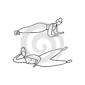 Girl training. Woman doing plank. Girl engaged pilates. Workout concept. Doodle vector graphic