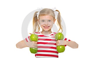 Girl trains fitness dumbbells from apples