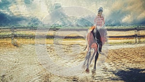 girl trains horse on a beautiful summer day. Painting effect. Loop Animation.