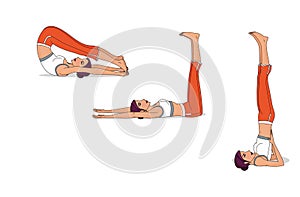 Girl trains for stretching and abdominals. Three yoga poses, plow pose