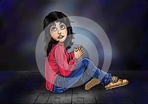 Girl trapped in the dark room illustration