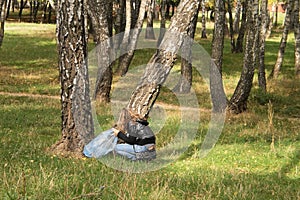 Girl with a trash bag picks up trash in the forest, environmental protection, pollution control