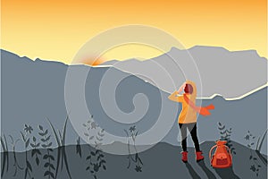 Girl traveler with a backpack meets in the mountains dawn or sunset. Mountain landscape with the setting sun. Vector illustration