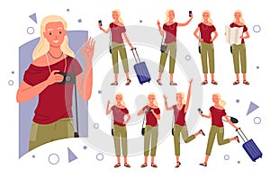 Girl traveler pose set, n young tourist woman traveling photographing, posing for selfie
