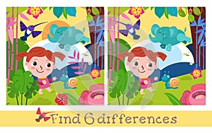 Girl travels through jungle, tropical forests. Characters in cartoon style. Find 6 differences. Game for children
