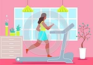 Girl treadmill at home. Happy woman jogging during quarantine treadmill at home.