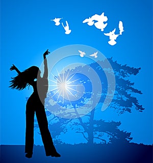 Girl, tree and flying birds