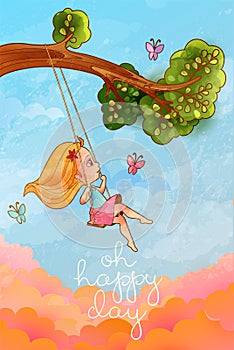 Girl on tree swing in front of romantic cloudscape. Hapy life concept