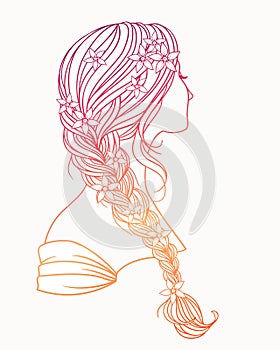 Girl with tress from the back, hand drawn vector outline illustration