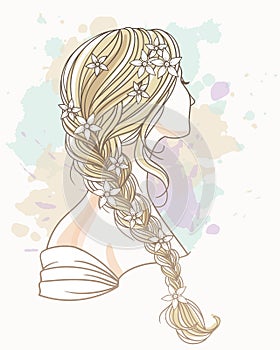 Girl with tress from the back, hand drawn vector outline illustration