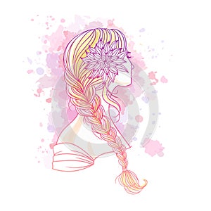 Girl with tress. Wedding  hair style with flowers from the back, hand drawn vector illustration