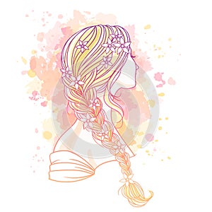 Girl with tress. Wedding hair style with flowers from the back, hand drawn vector illustration