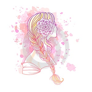 Girl with tress. Wedding  hair style with flowers from the back, hand drawn vector illustration