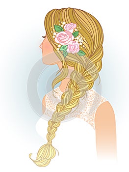 Girl with tress, wedding  hair style with flowers , hand drawn vector illustration