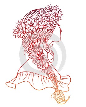 Girl with tress and wreath of flowers from the back, hand drawn vector illustration