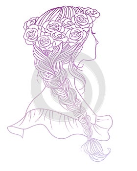 Girl with tress and wreath of roses, hand drawn vector outline illustration