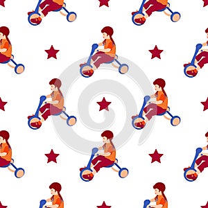Girl, tricycle. Background, template, seamless