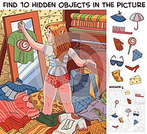 Girl tries on her wardrobe. Find 10 hidden objects in the picture. Puzzle Hidden Items
