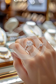 A girl tries on a ring in a jewelry store. Selective focus.