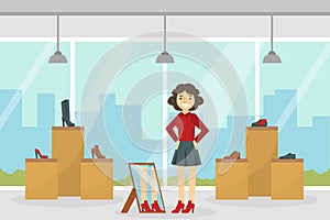 Girl Trying on Footwear in Shoes Shop, Young Woman Shopping in Mall Cartoon Vector Illustration