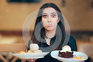 Girl Trying to Decide Between Vanilla and Chocolate Cake Dessert