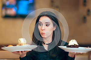 Girl Trying to Decide Between Vanilla and Chocolate Cake Dessert