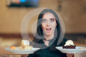 Girl Trying to Decide Between Vanilla and Chocolate Cake Dessert