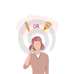 Girl Trying to Make Decision, Carrot or Pizza, Woman hoosing Between Healthy and Unhealthy Food Flat Vector Illustration